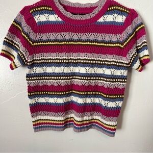 Open-Knit Striped Short-Sleeve Crewneck Sweater - Pink Multi Size Small